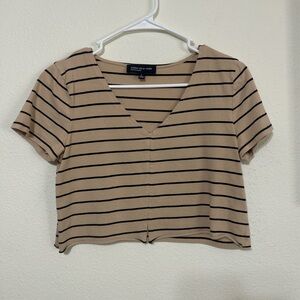 Jones New York Signature Striped V-Neck Crop Top Tan Black Small Boxy